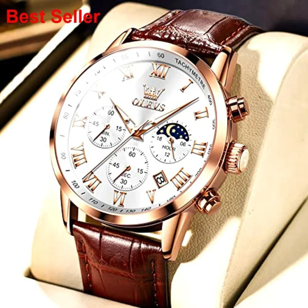 Leather Watch with Date Luminous Dial Stainless Steel Case